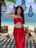 Red Three-Dimensional Flower Bikini Three-Piece Swimsuit Woman Hanging Neck Cue Dress Seaside Swimsuit