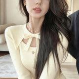 Vintage Gray Bow Tie With Knitted Bottom Shirt Female Design Feeling Autumn And Winter Hottie Hollow Long Sleeve Top