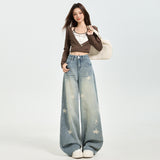 2025 Autumn Retro Star Print Wide-Legged Jeans Women Loose Straight Barrel Thin Design Trousers