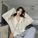 Lazy Style Design Hollow Long Sleeve V-Neck Knitted Shirt For Girls Summer Loose High-End Sunscreen Shirt Chic Top