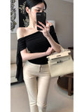 French Babes Ribbon Slanted Shoulders Short-Sleeved T-Shirts In The Summer New Design Sense Of Irregular Thin Temperament Top