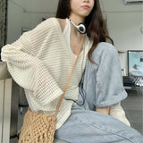 Lazy Style Design Hollow Long Sleeve V-Neck Knitted Shirt For Girls Summer Loose High-End Sunscreen Shirt Chic Top