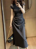 2026 New French Retro Gray Short-Sleeved Dress Women's Summer Design Feel Waist Folded Bag Hip Dress