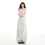 Design Sense High Street Hanging Casual Retro Pink Leopard Straight-Legged Jeans Women Loose Trousers