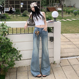 Light Blue Water Wash Classic Retro Micro-Horn Low-Rise Handmade Cat Needs Water Wash Blue Thin Jeans Woman