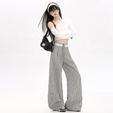 Lace Spliced Striped Straight Sleet Sleet Trousers Women's Autumn New Loose Display Thin Broad Leg Trousers Regular