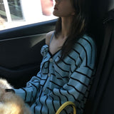Jennie's Same Little Fragrant Blue Stripes Loose V-Neck Knitted Shirt Sling + Short Skirt