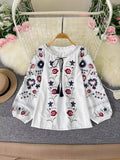 2025 New Bohemian Retro Embroidery Print Top Women Loose Casual French Chic Long-Sleeved Shirt