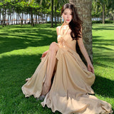 Mori's Traveller Art Vagrant Wind Tied With Lotus Leaf Side Dress Hanging Neck-Lup Dress