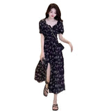 Smashed Floral Dress Woman 2025 Summer New French Bubble Sleeve Large Black Open Fork To Collect The Waist Thin Long Skirt
