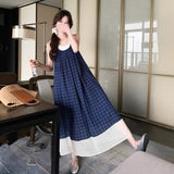 Blue Lattice Sleeveless Dress French Literary Style Retro Small Fresh Holiday Sling Vest Long Dress