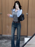 Striped Two Pieces Spliced Long-Sleeved T-Shirt Women's Early Autumn New Casual Design Slimming Top