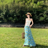 Seaside Holiday Style Suit French Rope Smear Vest Top Woman Early Autumn Blue Floral Half Dress Two Sets