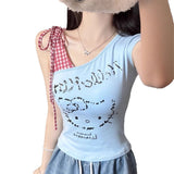 5118 # Summer New Sweet And Spicy Kitty Cat Lattice Spliced Oblique Shoulder Vest T-Shirt Female Side Strap Chest Cushion