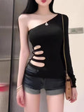 Spring And Summer New Sister Sexy Hole Slanted Shoulder Design Long-Sleeved T-Shirt Girl Skinny Meat Short Blouse
