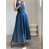 Korean Chic French High-Grade High-Rise Thin Casual Grinding Neck Buckle Sexy Denim Dress