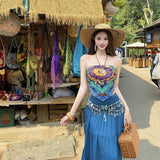Xishuangbanna Tourism Holiday Style Wearing Suit Female Bohemian Print Blouse Blue Half-Body Dress