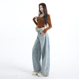 1101# Light Blue Embroidered Broad-Legged Jeans Women's New High-Rise Straight-Barreed Loose Drag Trousers