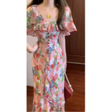 2025 Summer French Retro Lotus Loaf Cloak Fog Rose-Colored Romantic Waist Show Thin Fairy Fluttering Flower Skirt