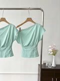 Pure Wind Fish Bone Split Design Waist Top Summer New Korean Slanted Shoulder Slim Thin Short-Sleeved T-Shirt Girl
