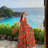Sanya Seaside Resort Beach Dress Bohemia Retro Collared Sling Dress Travel Photo Wear