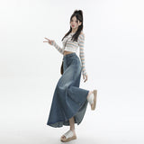 Vintage Washing Denim Half-Dress Woman Autumn A Big Skirt Splicing Medium Long Skirt High Waist Retro Style