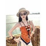 Holiday Wind Orange Printed Scarve Sling + Casual Broad Leg Pants High Feeling Cool Trousers