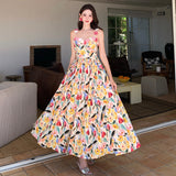 2025 Retro Square-Collar Oil Painting Sling Skirt Three-Dimensional Flower Temperament Print High-Waisted Splicing French Dress