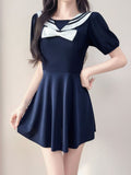 2026 New Navy Collar Skirt Female Fat Sister French Fairy Short Sleeve Long Skirt Swimsuit