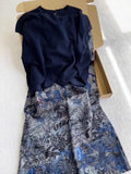 Old Money Wind Beautiful Set 2025 Summer Explosion Blue Knitted Top Print Wide Leg Pants Two Sets