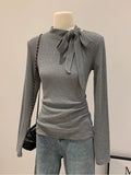 French Temperament Sense Bow Strap Design Long-Sleeved T-Shirt Women Winter Wind Chic Repair Bottom Top
