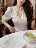 Korean Atmosphere Imitation Acetate Lace Side Bubble Sleeve To Close The Waist V Collar Top