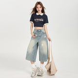 2025 Summer Denim Shorts Women New Retro Old Star Print Loose Seven-Point Pants