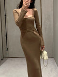 Curry Color Collar Splicing Lace Pit Knitted Dress Strapped Waist Long Sleeve Skirt