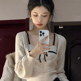 Pure Wind Design With Bow Slings Knitted Shirts Two Sets Of Women's Spring New Small Clothes On The Tide