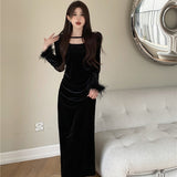 Early Autumn Black Gold Velvet Dress 2025 New Women's Spring And Autumn Feeling To Wear A Long Dress