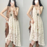 Romantic Languid Retro Hollow Tidal Lace Dress Tie Seaside Holiday Dress Beach Dress