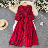 Vintage National Style Embroidery V-Neck Drawstring Dress Summer Fat Mm Cotton Tample Skinny Holiday Dress Girl