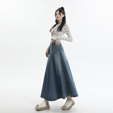 Vintage Washing Denim Half-Dress Woman Autumn A Big Skirt Splicing Medium Long Skirt High Waist Retro Style