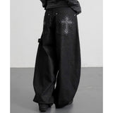 South Korea's Dongdae Gate Trendy Street Retro Handsome Leopard-Print Cross Drill Loose Broad-Legged Jeans