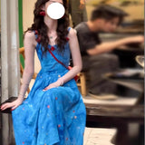 French Blue Sling Dress Woman 2025 Summer New Seaside Vacation Unique Beautiful Floral Long Dress