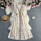 French Retro National Style Embroidery V-Neck High-End Dress Women's Spring And Autumn Dress With Thin Waists