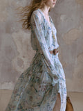 Mist Lanxiang Nomadic Style Print To Collect Waist Long Temperament V-Neck Dress With Sling Skirt