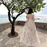 French Retro Oil Painting In The Flower Fairy Holiday Dress Print Long Temperament Hanging Neck Hanging Dress