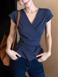 2026 Summer Beautiful Small Interior Design Feeling Unique Beautiful Blouse Important Occasion Blue V-Neck T-Shirt Girl