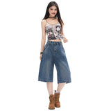 Vintage Paris Buckle Design Bamboo Denim Fabric Seven-Point Broad Leg Pants 2026 New Women's Thin Summer