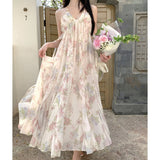 French Retro Oil Painting In The Flower Fairy Holiday Dress Print Long Temperament Hanging Neck Hanging Dress