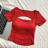 A072# Human Cotton Short-Sleeved T-Shirt With Chest Pads Outside The Back Hollow Care Machine Sexy Back Repair Top