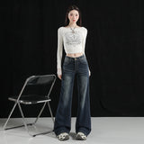 Micro-Rare Deep Blue Low-Rise Jeans Women Spring And Autumn Retro New Leisure Pants Deep Blue Trousers Cyanidbuting