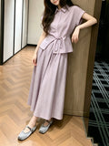 Lightly Mature Elegant Wind Purple Waist Shirt Sleeves Two Sets Of Women's Summer Small Slim Age-Old Suit
